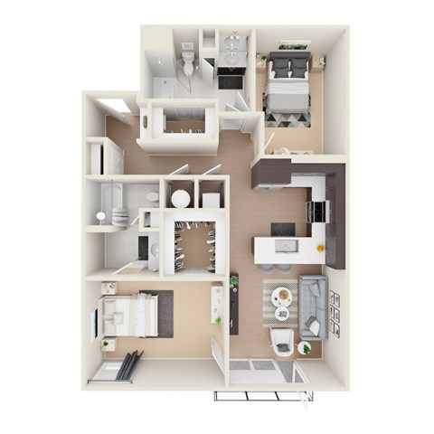 A top-down view of a small apartment layout with a kitchen, living room, and bathroom.